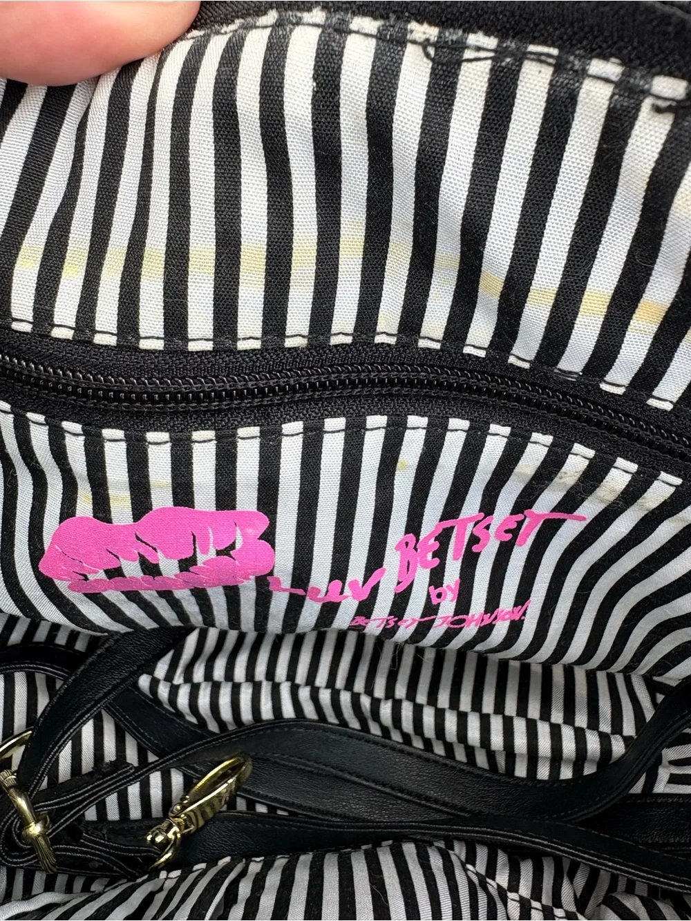 Luv Betsey Johnson Black Velvet Tote with Striped Handles and Hot Pink Pom Charm